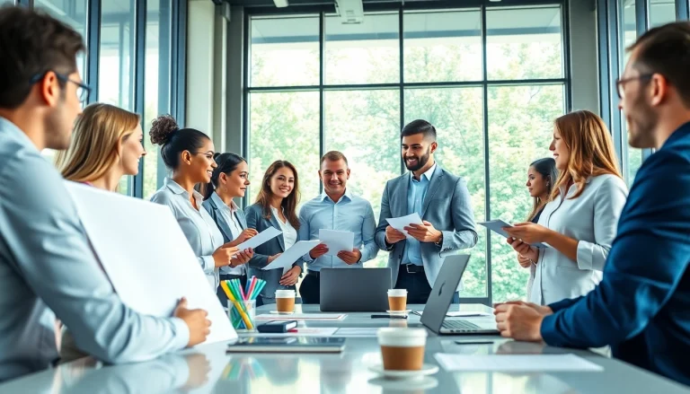 Engaged professionals discussing business growth insights in a bright conference room.