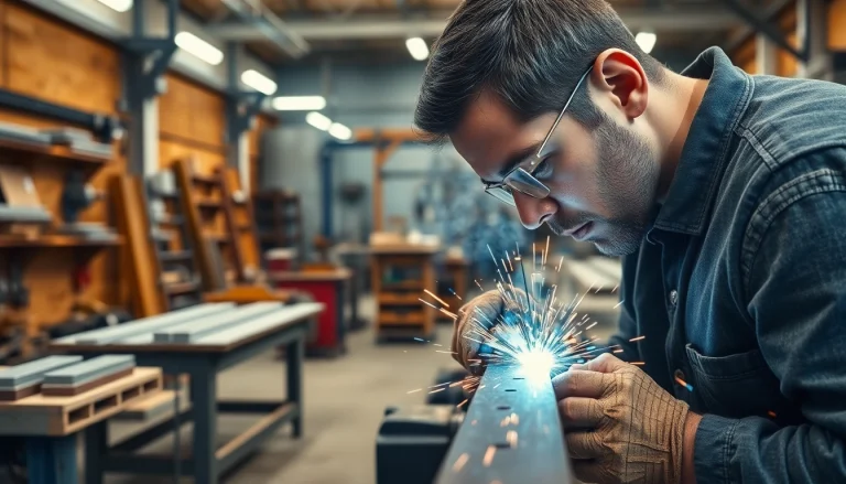 Craftsman engaged in custom steel fabrication showcasing intricate metalwork.