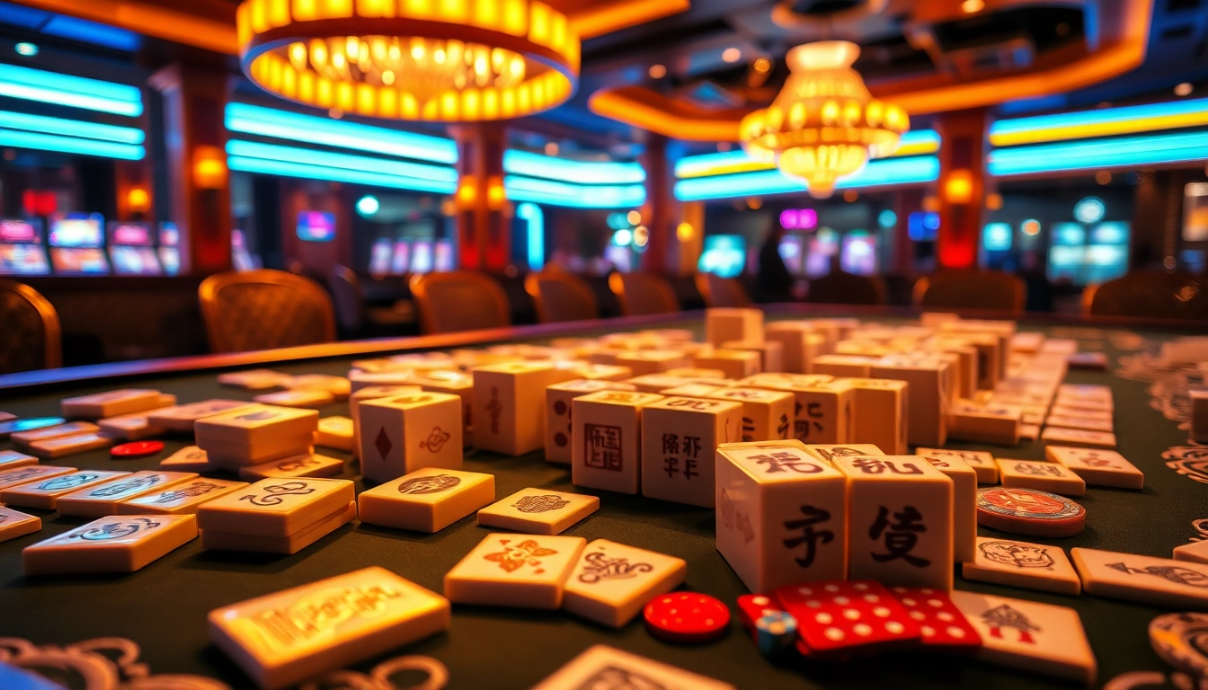 Terlibat dalam strategi Link Mahjong di meja kasino mewah yang dipenuhi ubin berwarna cerah dan chip.