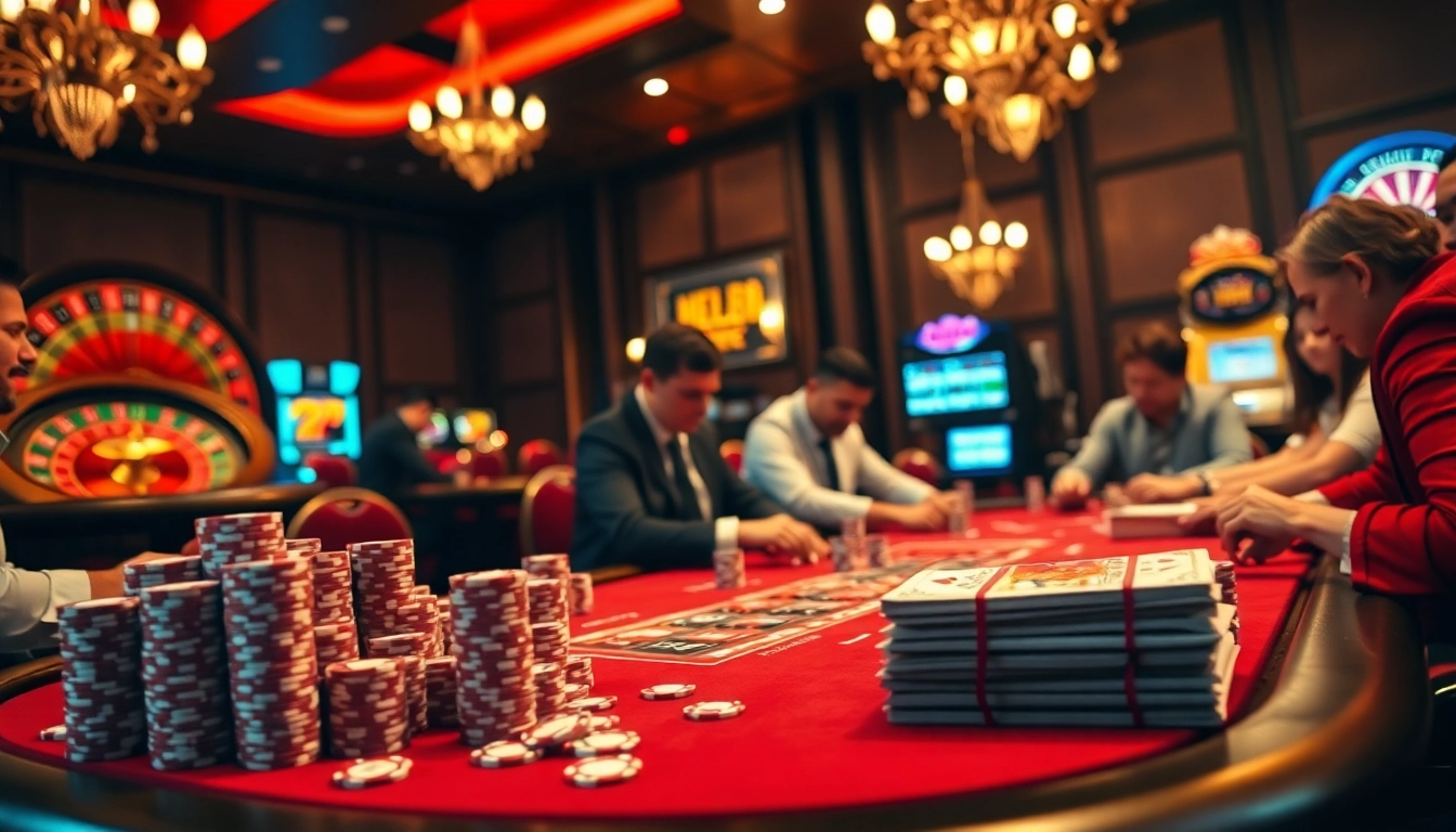 Players engage in high-stakes poker at MM88, surrounded by vibrant casino elements and thrilling atmosphere.