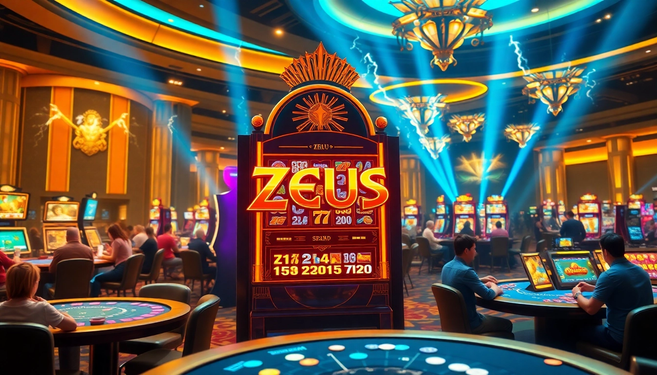 Experience thrilling spins on the Zeus slot machine amidst a vibrant casino atmosphere.