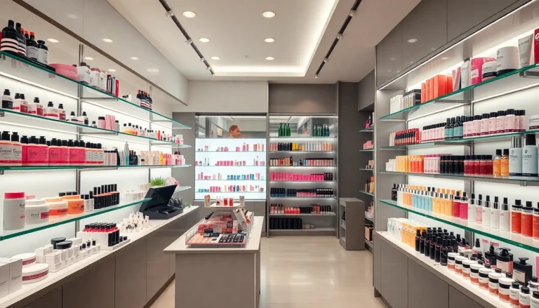 Kosmetika įvairovė ir grožio produktai modernioje parduotuvėje.