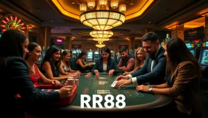 RR88 casino players enjoying the excitement at a roulette wheel with vibrant poker chips.