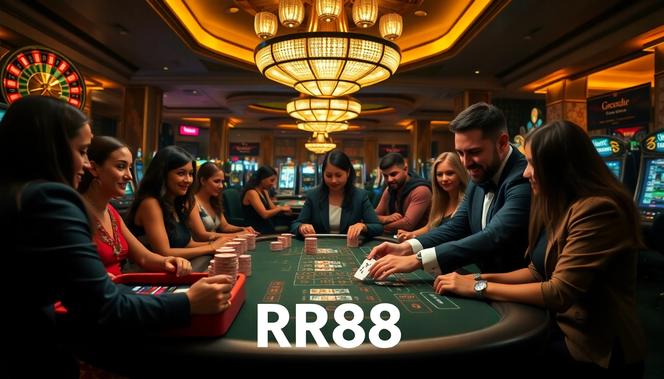 RR88 casino players enjoying the excitement at a roulette wheel with vibrant poker chips.