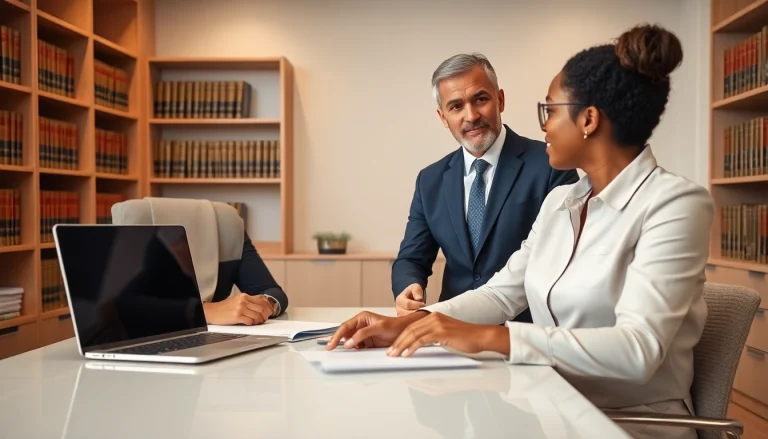 Broward County litigation lawyer consulting a client in a professional office.