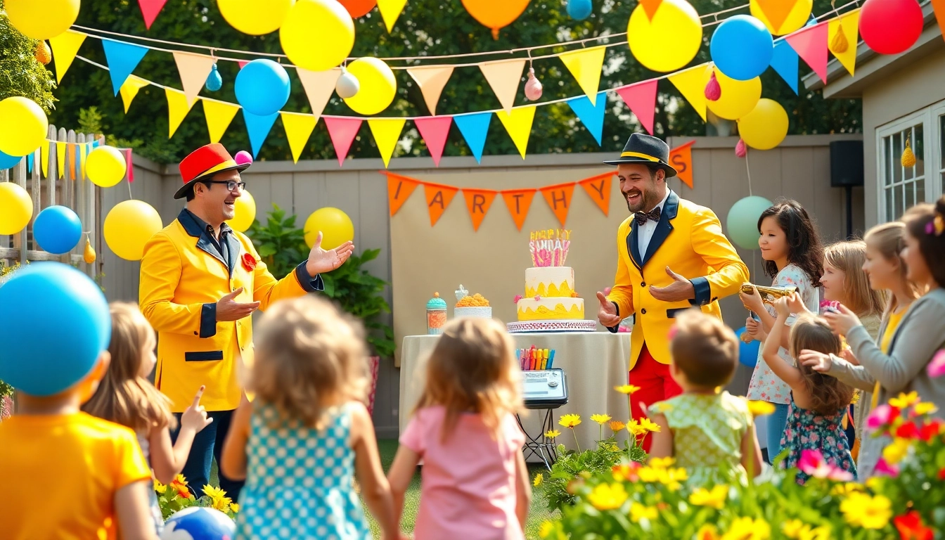 Kids enjoy interactive performances by birthday party entertainers at a vibrant outdoor celebration.