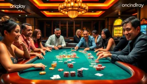 Players strategizing with onicplay chips at a vibrant poker table in a luxurious casino.
