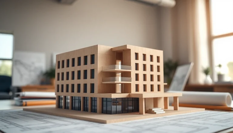 Architekturmodellbau Wuppertal zeigt ein detailliertes Modell eines modernen Gebäudes in einem kreativen Büro.