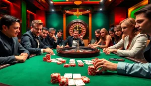A vibrant casino scene showcasing poker action at https://rr88me.com/, featuring players, cards, and chips.