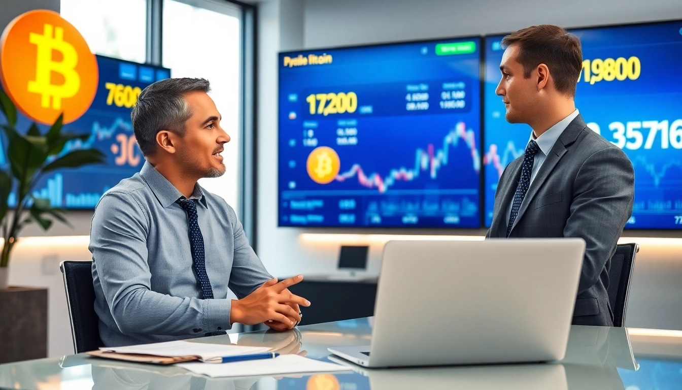 Acheter Bitcoin avec des conseils professionnels dans un bureau moderne.