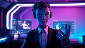 Futuristic NSFW AI character engaging in a stylish, interactive digital workspace.