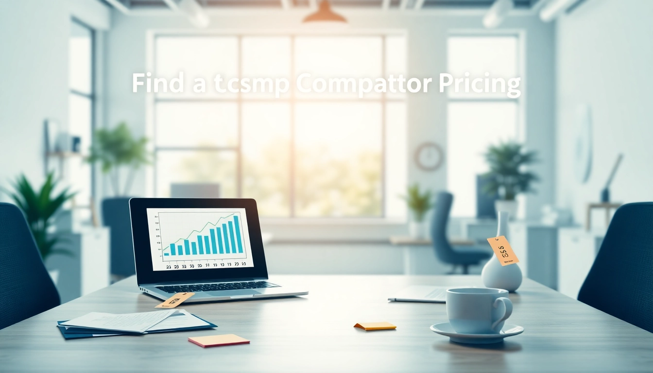 Visual guide on how to find competitor pricing with charts and pricing tags in an office.