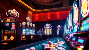 Para pemain berinteraksi dengan mesin slot depo pulsa di kasino yang hidup, menampilkan kegembiraan dan kemenangan.