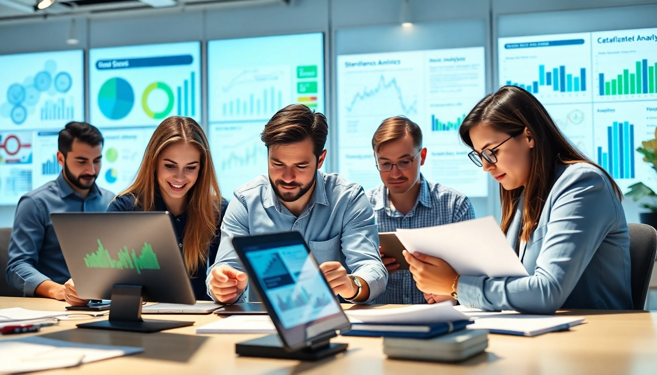 Analyze competitive intelligence with collaborative analysts in a modern office environment.