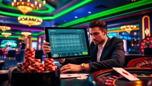 Players enjoying betting on 7upbet with poker chips and a vibrant casino backdrop.