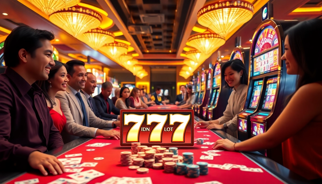 IDN Slot 777 showcases gamblers on slot machines celebrating big wins in a vibrant casino.