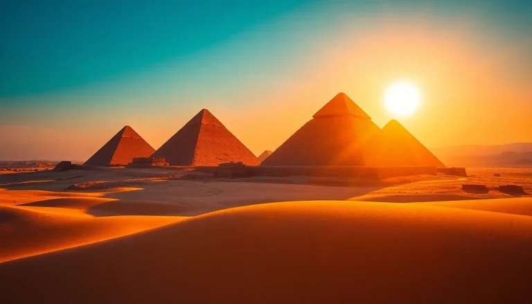 Piraminds at sunset showcasing the grandeur and history of ancient Egyptian architecture.