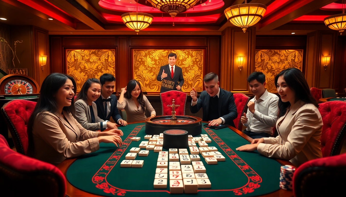 Players engaging in link mahjong at an elegant casino table, showcasing excitement and strategy.