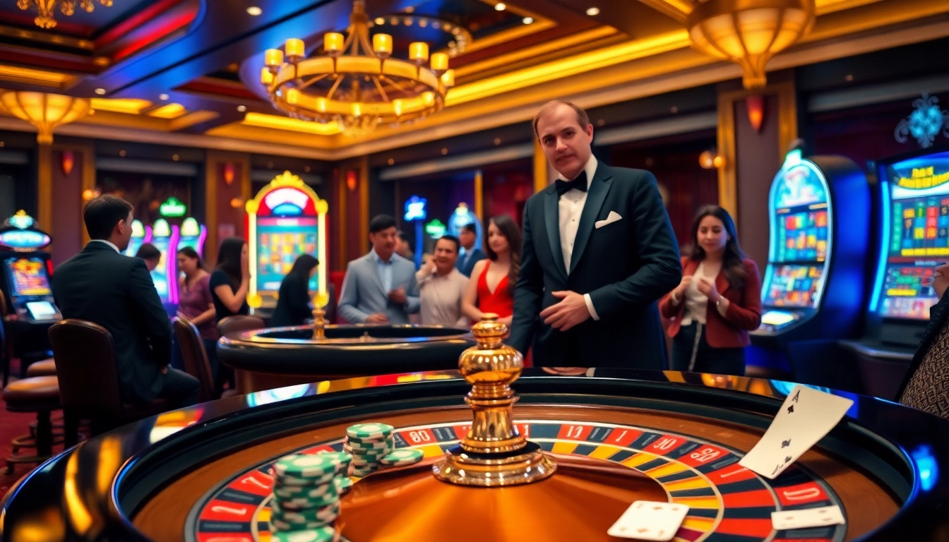 Spectators enjoy games at a lavish casino, showcasing situs deposit 5k slot machines and roulette tables.