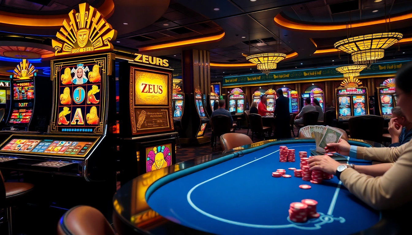 Memutar mesin slot Zeus di tengah atmosfer kasino yang hidup penuh semangat.