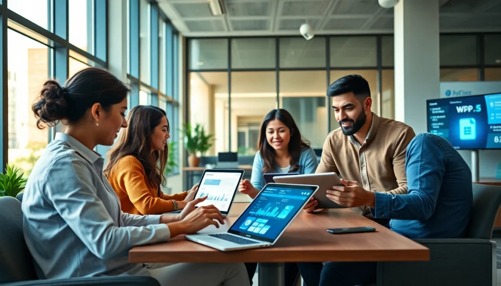 展示多元专业人士在现代设备上使用 WPS Office 的动态工作区，强调创新与协作。wps官网