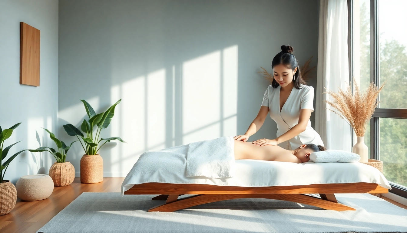 Professional therapist offering 출장마사지 in a tranquil, elegantly decorated room.