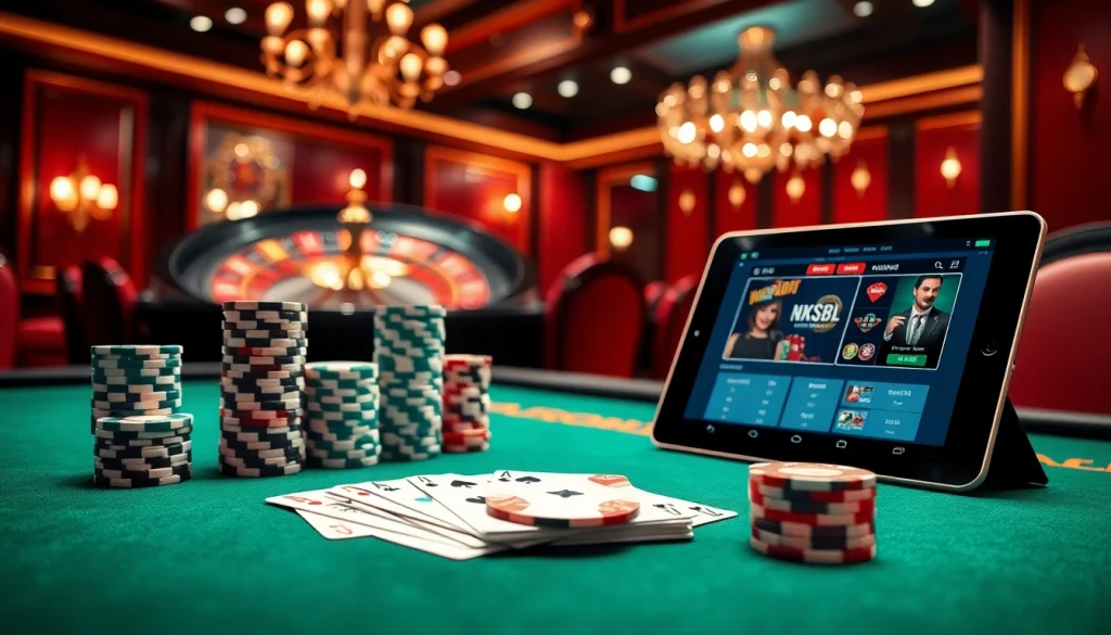 Engage in thrilling gameplay at https:/nk88.us.com/ with a luxurious poker table, vibrant poker chips, and sleek gambling technology.