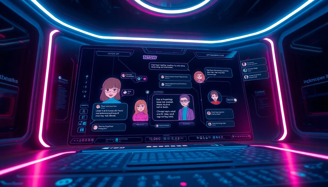 Captivating NSFW AI chatbot interface with neon avatars and dynamic interactions.
