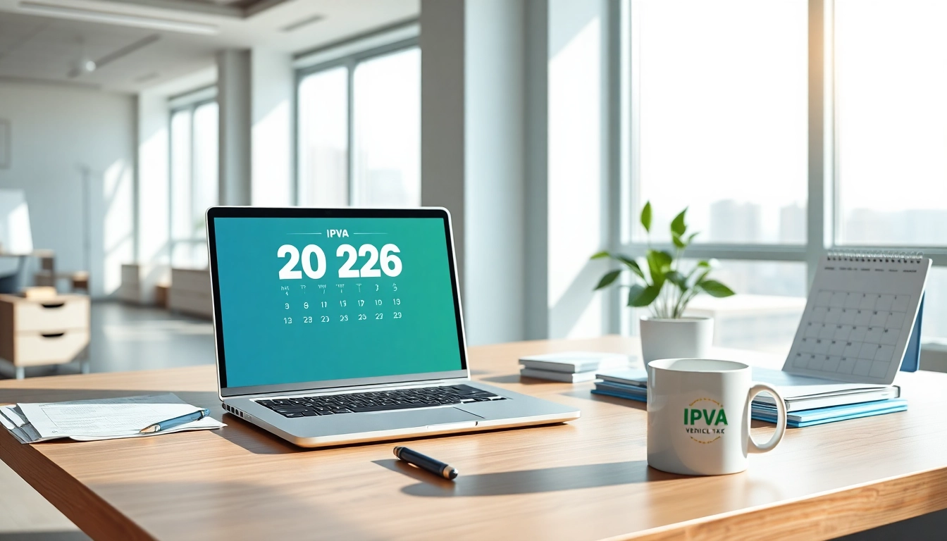 IPVA GO 2026 calendar on a modern office desk, symbolizing efficient vehicle tax management.