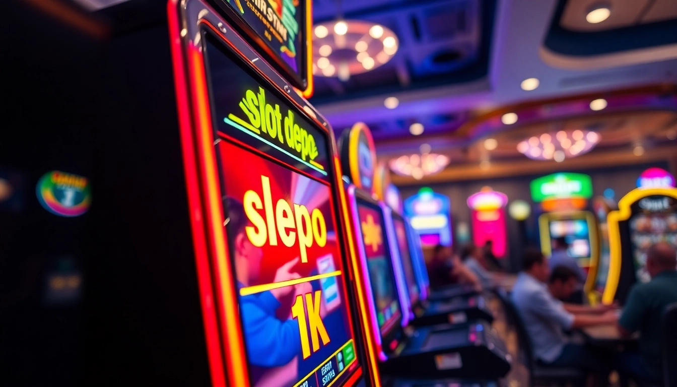 Permainan slot depo 1k yang menarik dengan mesin slot berwarna cerah di kasino.