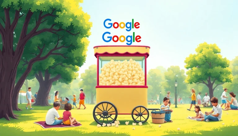 Enjoy google doodle popcorn imagery from a nostalgic popcorn cart in a vibrant park scene.
