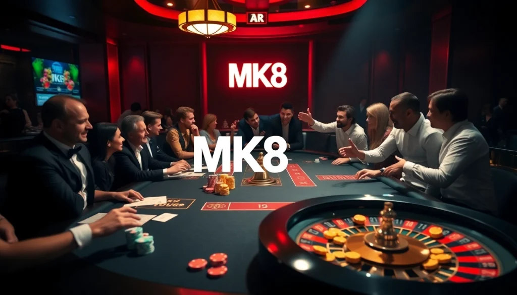 Players engaging in high-stakes poker at an elegant MK8 casino table, radiating excitement and luxury.