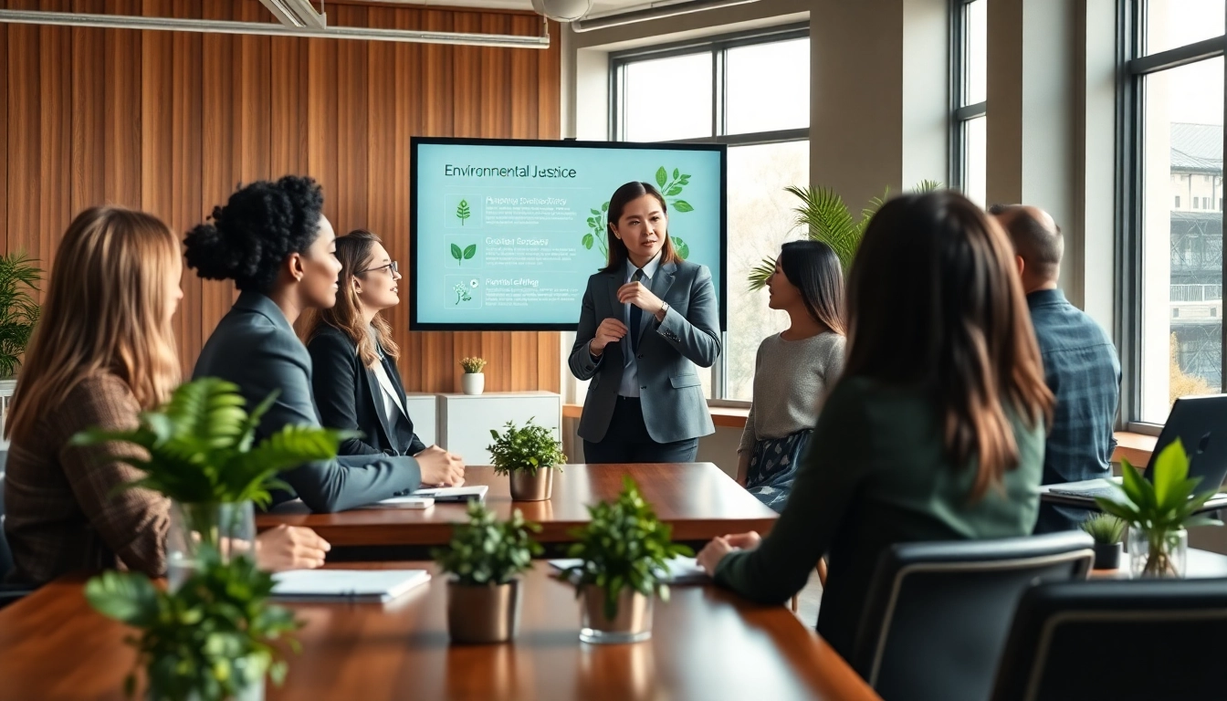 Environmental lawyer guiding clients through sustainability regulations and legal consultations.