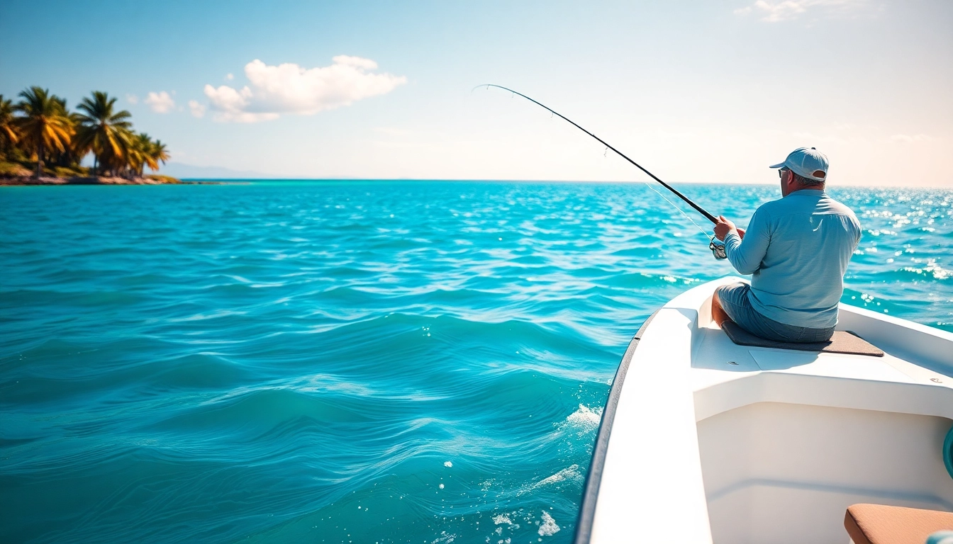 Capture of a saltwater fly fishing angler casting from a boat in bright blue waters.