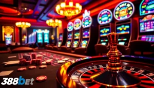 Experience the excitement of 388bet with vibrant casino tables and spinning roulette wheels.