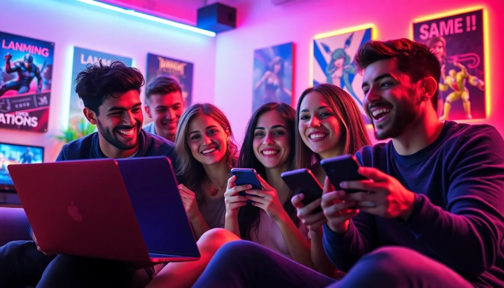 Engaging scene of players enjoying free porn games on various devices in a vibrant gaming lounge.