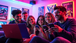 Engaging scene of players enjoying free porn games on various devices in a vibrant gaming lounge.