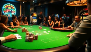 Engaging casino ambiance featuring thrilling gameplay with Link TK88 elements, enticing players at a poker table.