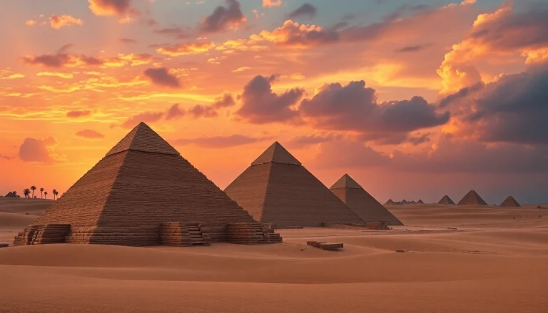Explore the magnificent pyramids of Giza, showcasing their ancient architecture and grandeur.