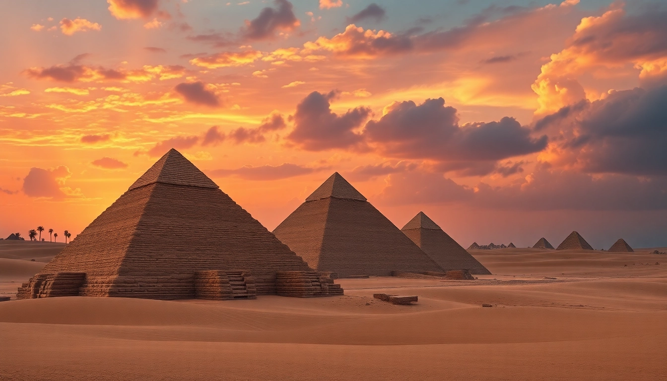 Explore the magnificent pyramids of Giza, showcasing their ancient architecture and grandeur.