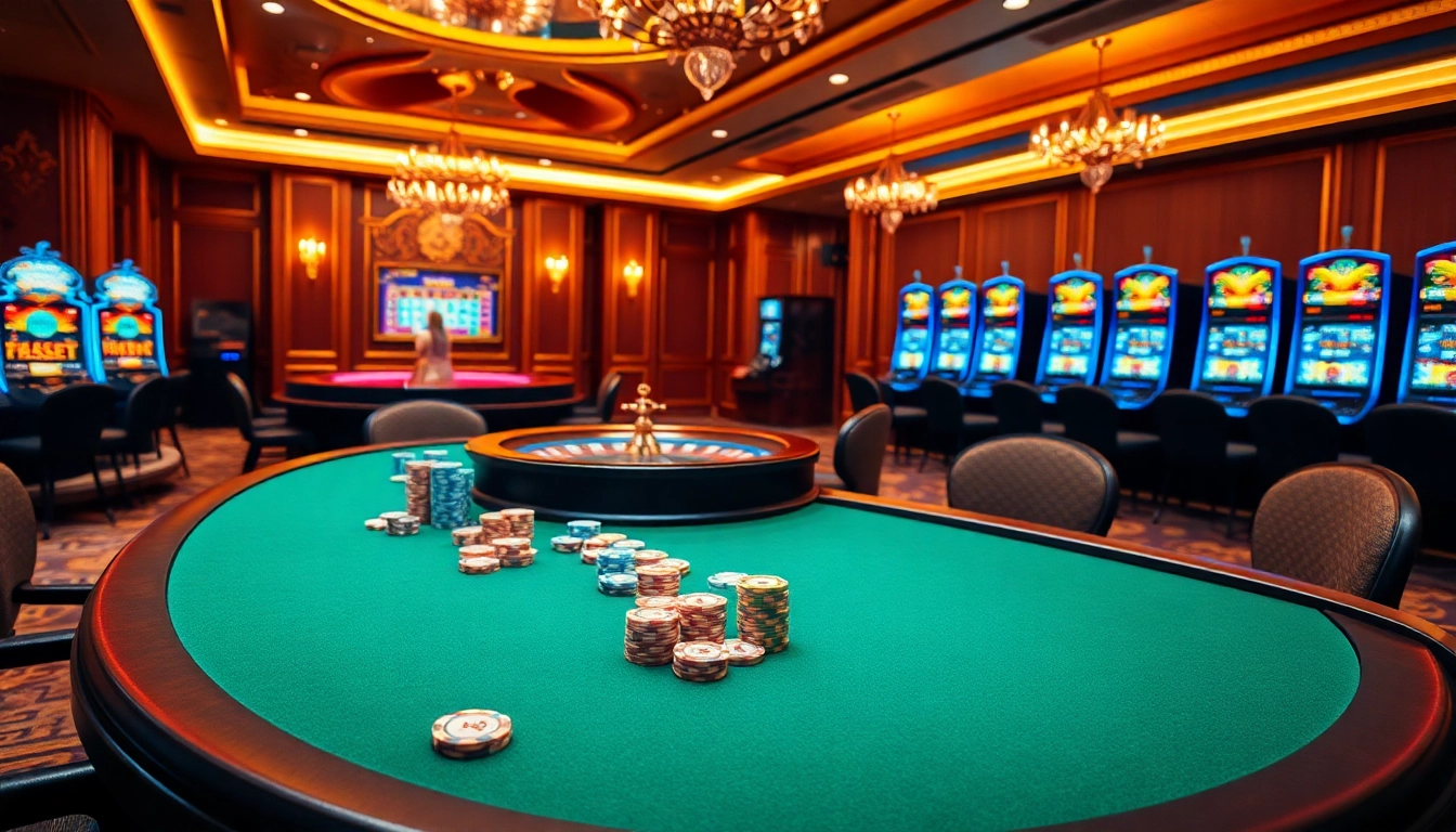 Engaging scene of a luxurious casino with 88t-themed poker chips and vibrant roulette wheel.