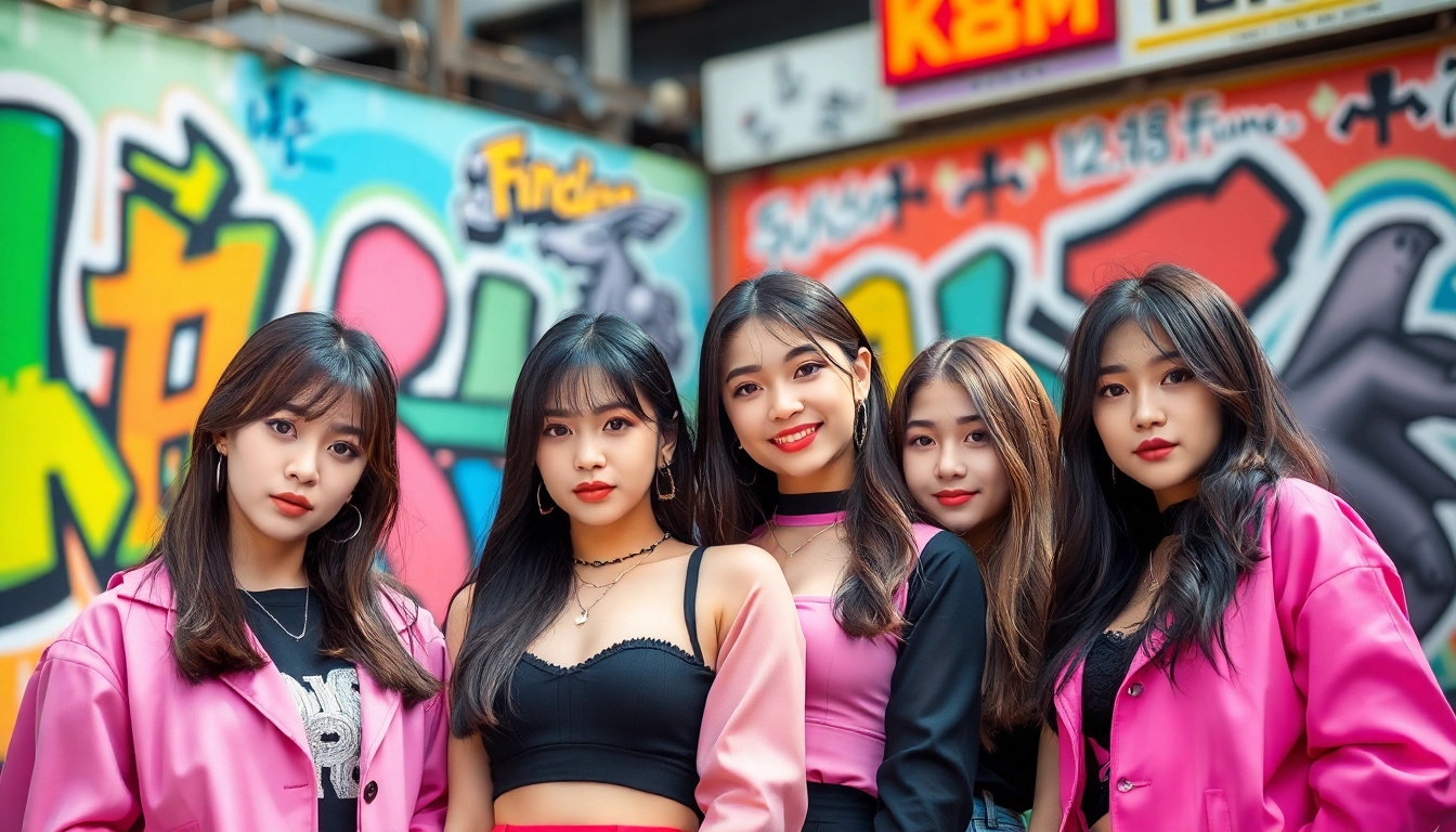 blackpink members posing together with vibrant urban background highlighting their personalities.