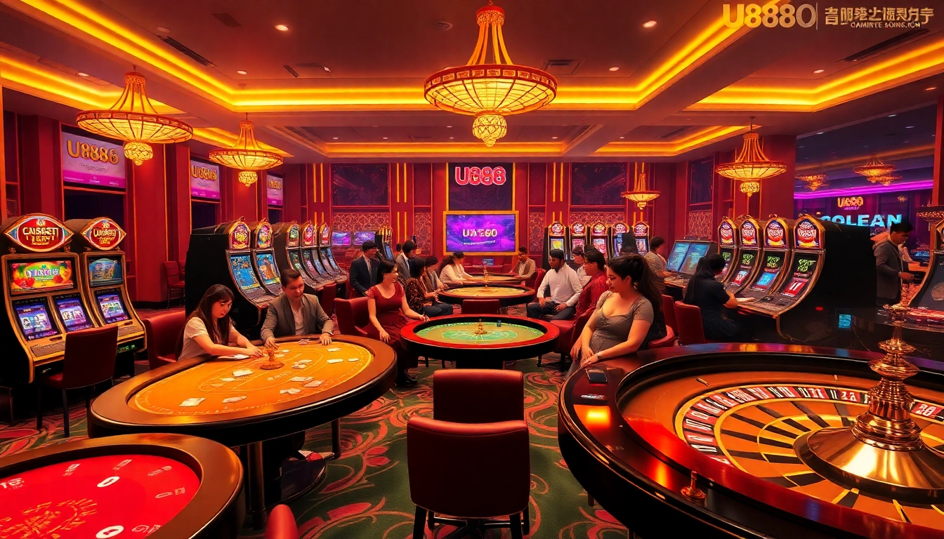 U888 players engaging in thrilling casino games with vibrant chips and sleek tables.