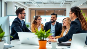 Marketing operations services team analyzing data trends in a collaborative office environment.