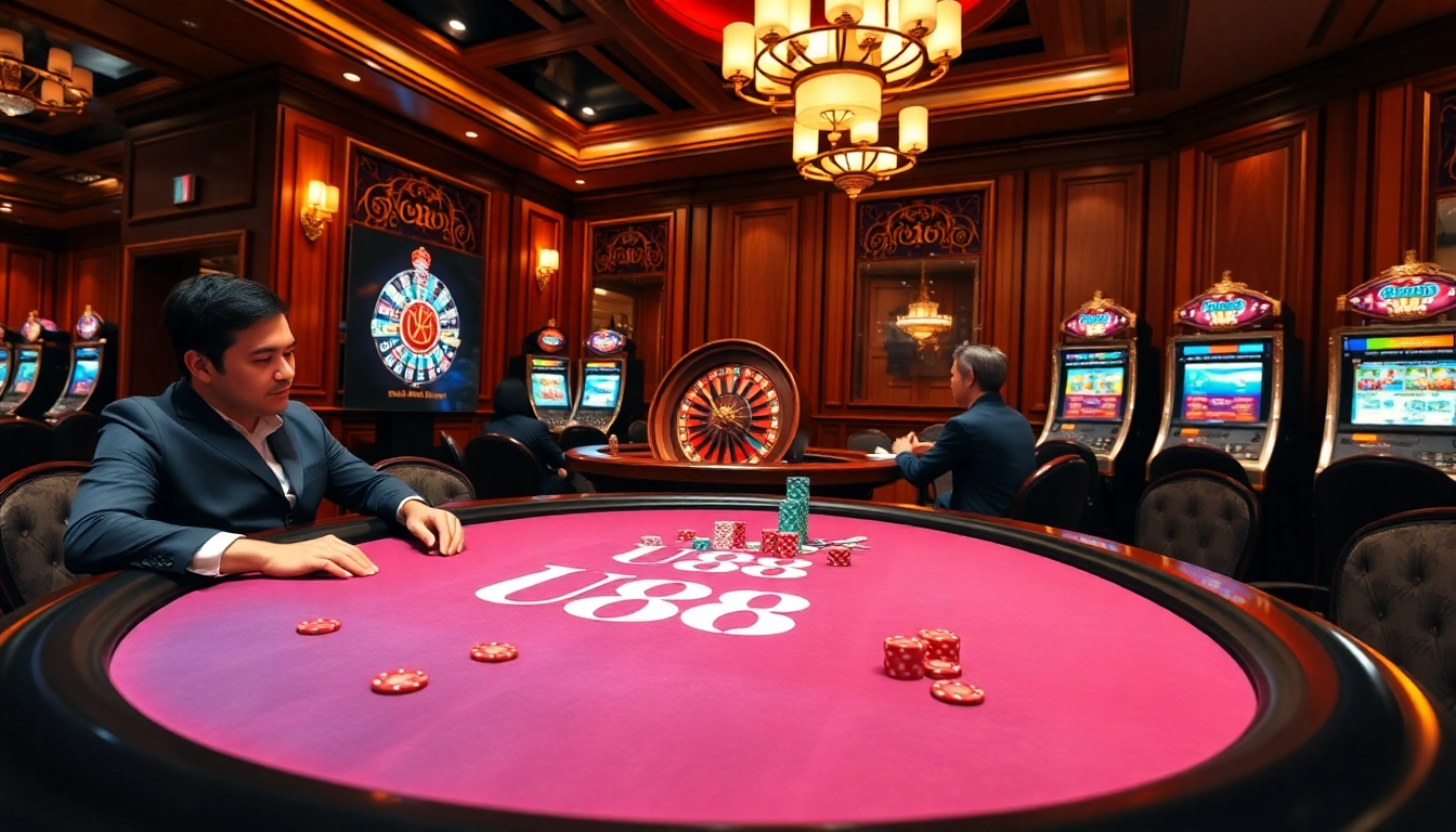 Experience the thrill of gambling at U888's luxurious casino with vibrant poker tables and slot machines.