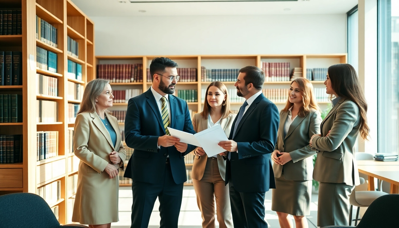 Lawyers from an environmental law firm discussing legal documents in a bright office setting.
