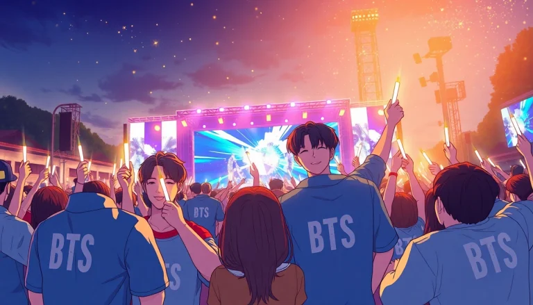 Fans celebrating BTS news with vibrant concert lights and joyful expressions in a festive environment.