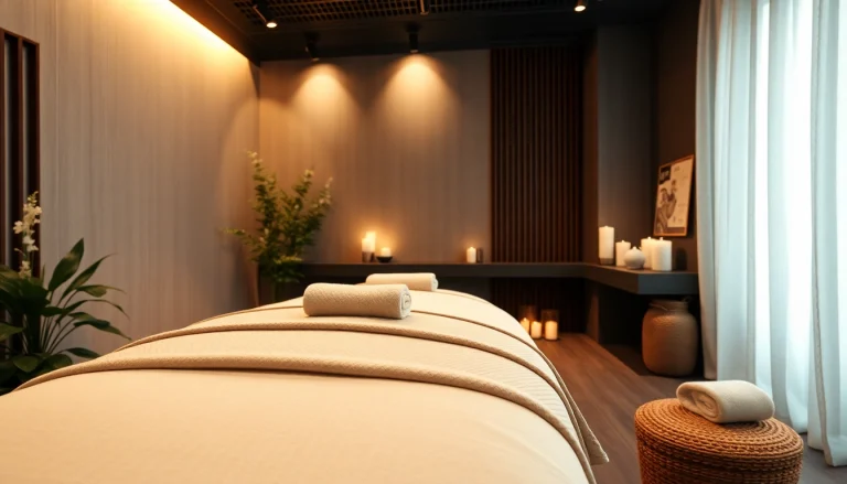 마사지 오일과 편안한 장식으로 강조된 휴식과 럭셔리를 전달하는 고요한 마사지룸, 마사지 강조.