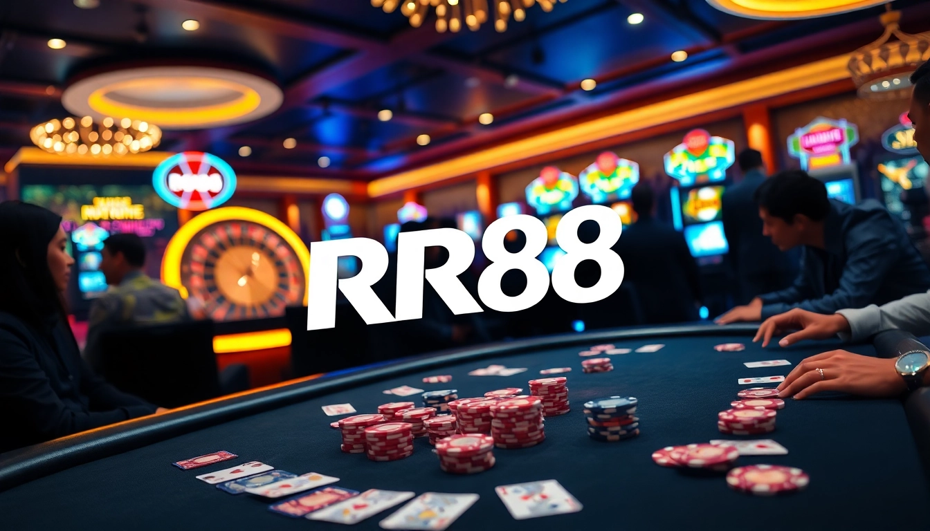 RR88 logo displayed on a luxurious poker table with colorful chips in a vibrant casino scene.