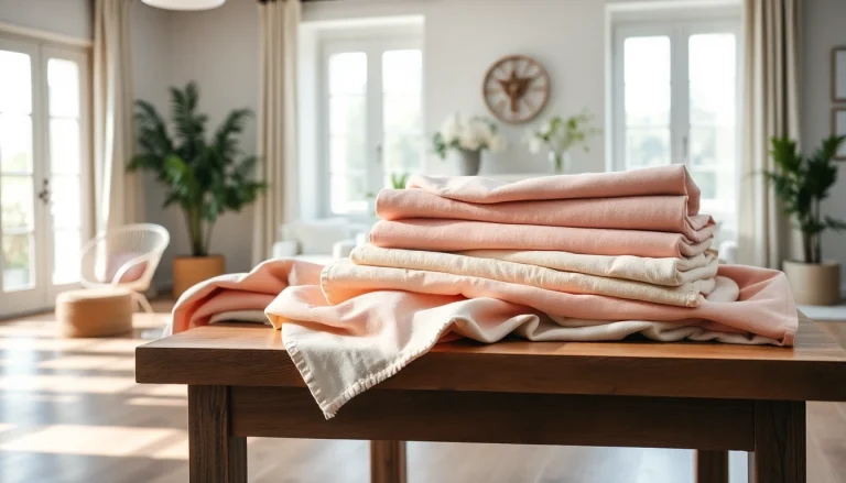 Katoen stof wassen en verschillende kleurige stoffen op een elegante tafel in lichte setting.